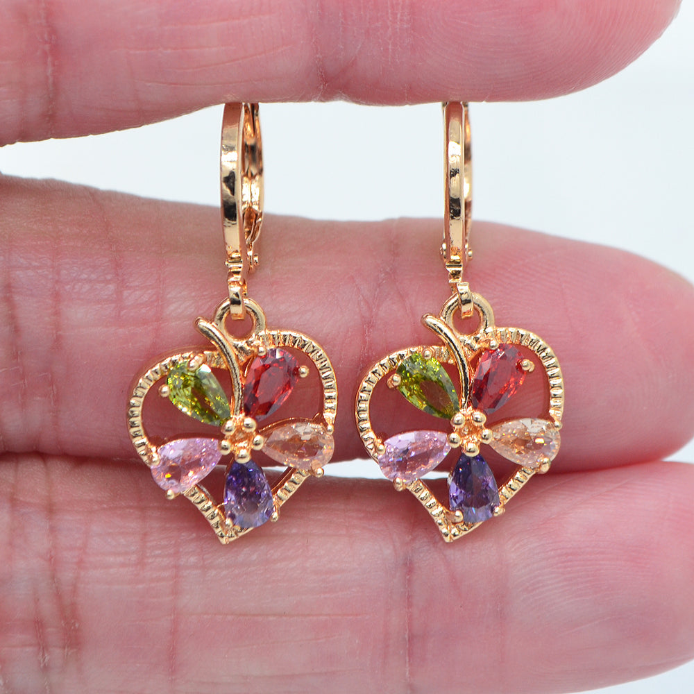 Wholesale Gold Plated Women Multicolor Zircon CZ Flower Heart Dangle Earring Jewelry
