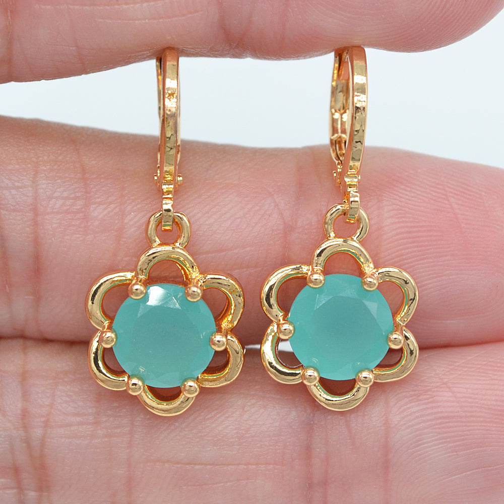 Wholesale Gold Plated Women Jade Pink Zircon CZ Flower Dangle Earrings Jewelry
