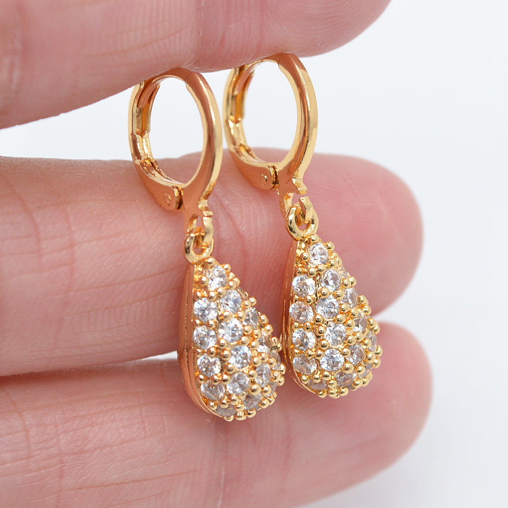 Wholesale Gold Plated Women Clear Zircon CZ Fashion Teardrop Dangle Earrings Jewelry