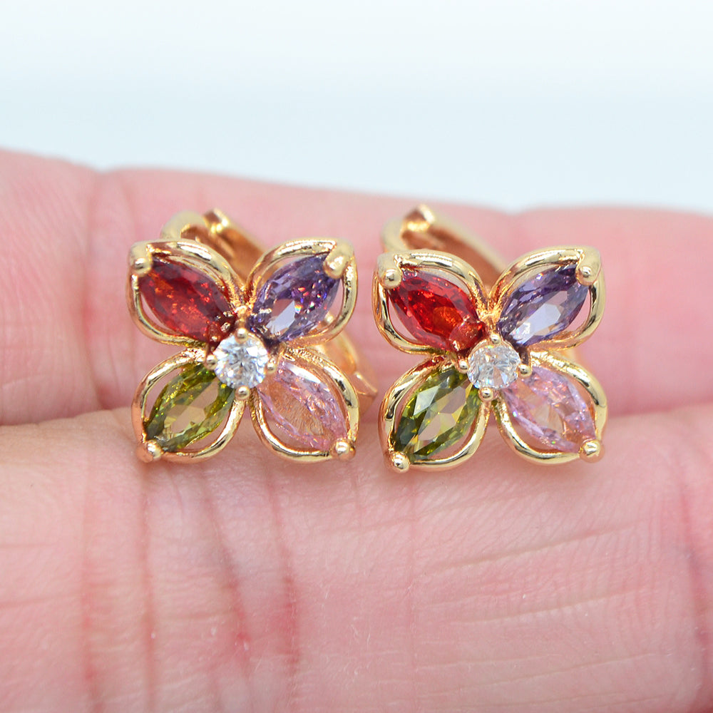 Wholesale Gold Plated Women Multicolor Zircon CZ Flower Huggie Earrings Jewelry