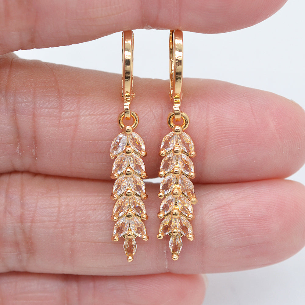 Wholesale Gold Plated Women Champagne Zircon CZ Leaf Leaves Dangle Earrings Jewelry