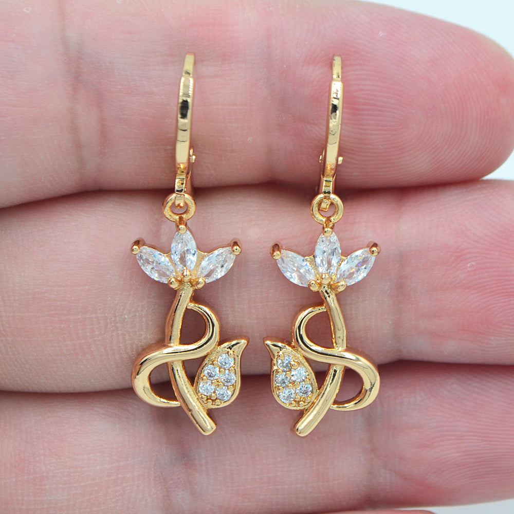 Wholesale Gold Plated Women Clear Cubic Zirconia CZ Flower Drop Earrings Jewelry