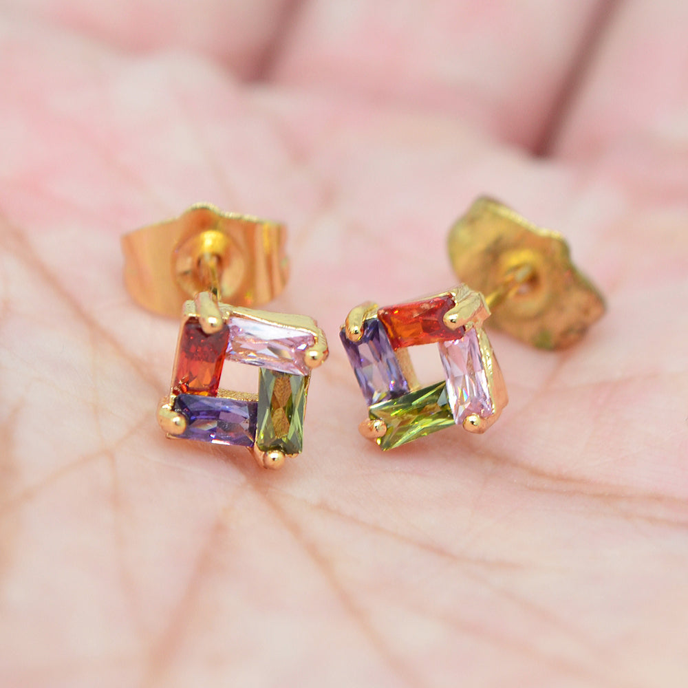 Wholesale Gold Plated Women Multicolor Zircon CZ Square Stud Earrings Jewelry