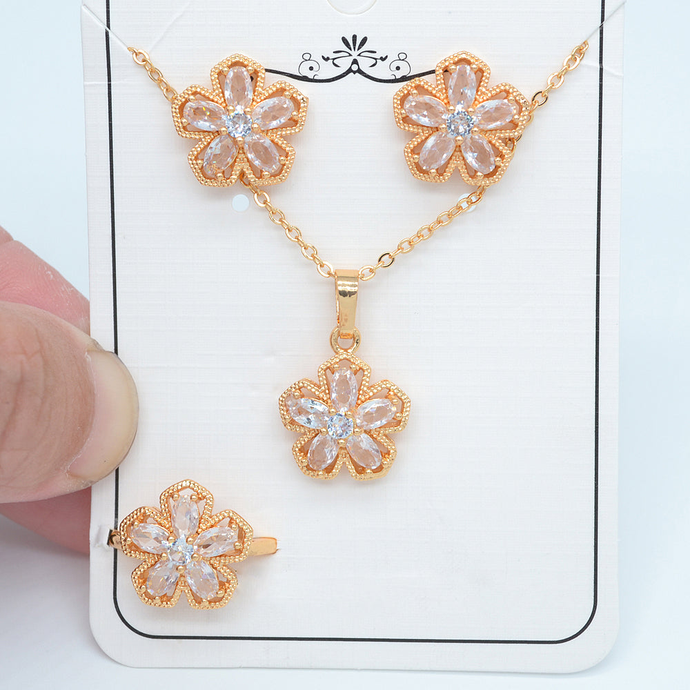 Wholesale Gold Plated Women Clear Zircon CZ Flower Wedding Jewelry Set Free Ring Size