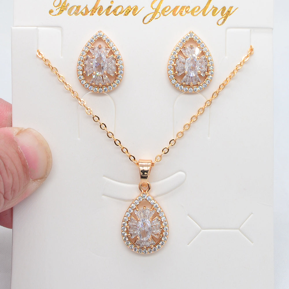 Wholesale Gold Plated Women Red Zircon CZ Teardrop Wedding Jewelry Set