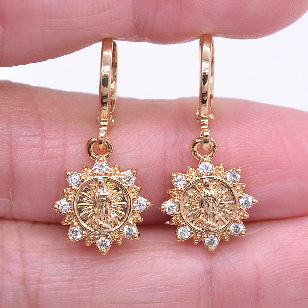 Wholesale Gold Plated Women Clear Zircon CZ Catholic Virgin Mary Dangle Earrings Jewelry