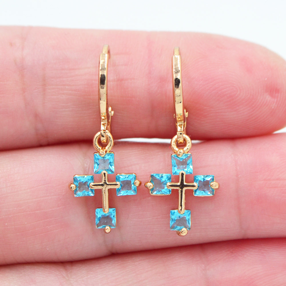 Wholesale Gold Plated Women Lake Blue Zircon CZ Cross Dangle Earrings Jewelry