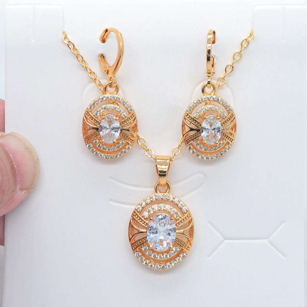 Wholesale Gold Plated Women Red Zircon CZ Oval Design Wedding Jewelry Set