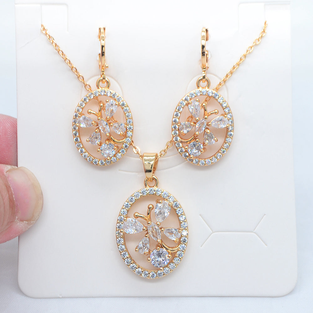 Wholesale Gold Plated Women Red Zircon CZ Oval Flower Wedding Jewelry Set