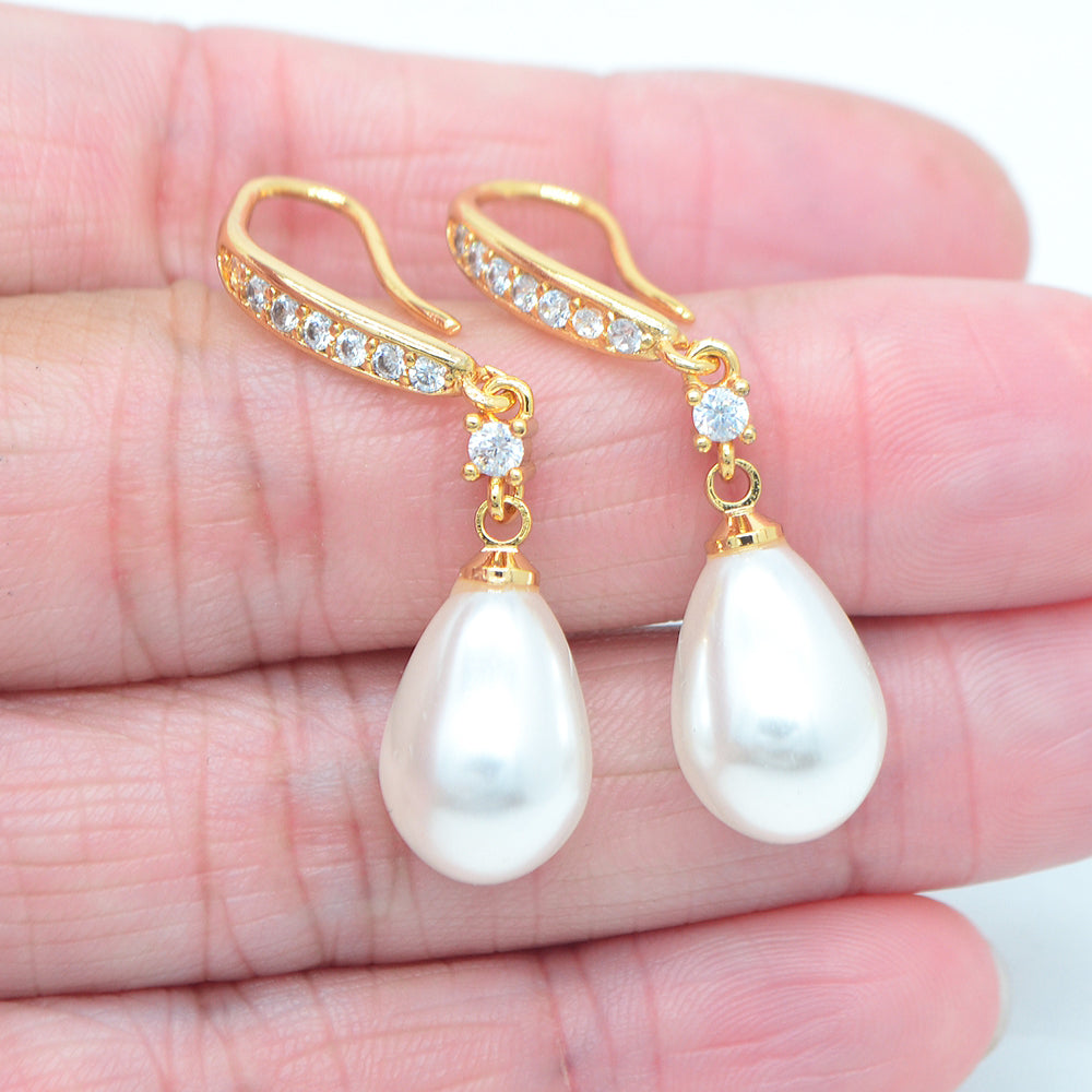 Wholesale Gold Plated Women Clear Zircon White Teardrop Pearl Dangle Earrings Jewelry