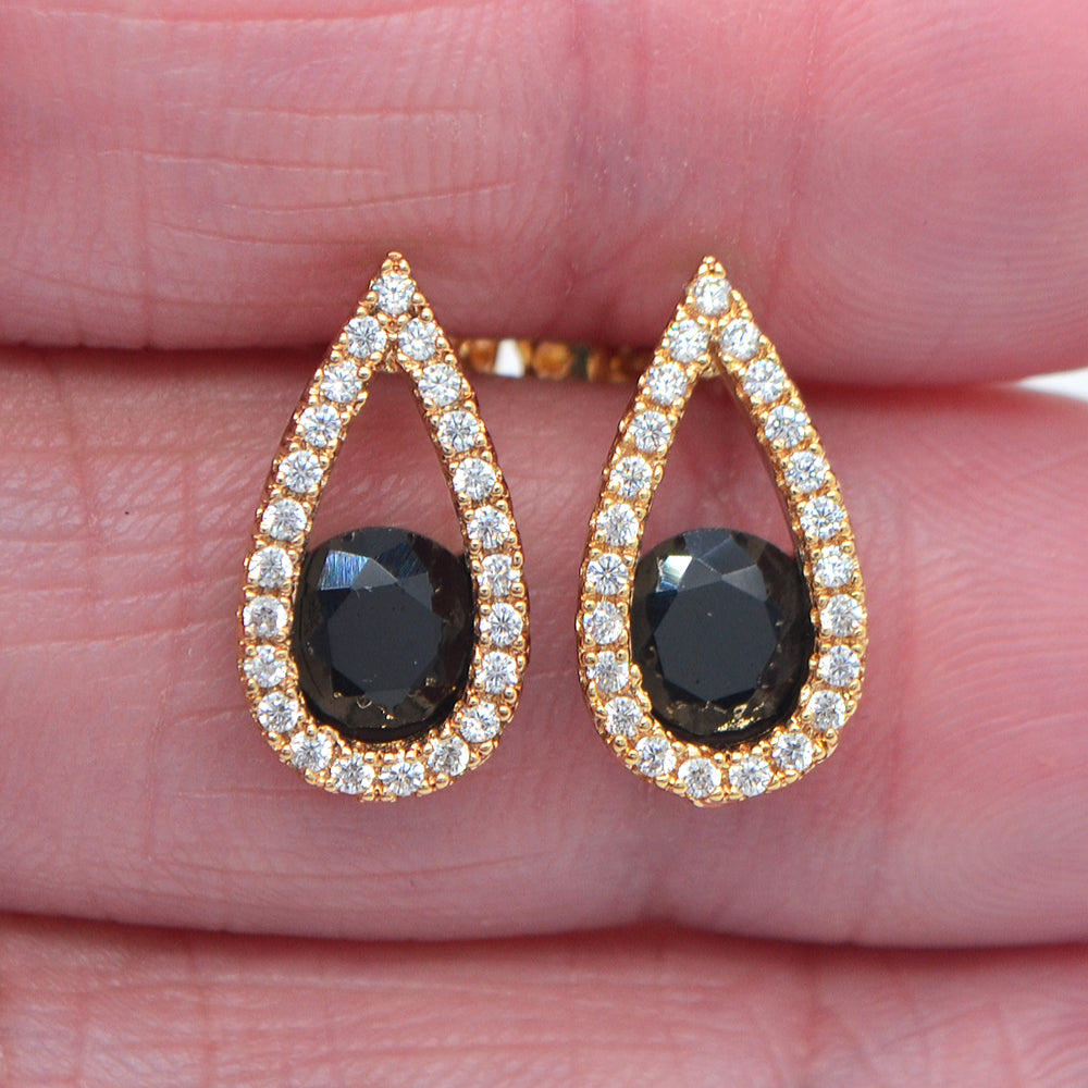 Wholesale Gold Plated Women Fashion Black Zircon CZ Teardrop Stud Earrings Jewelry