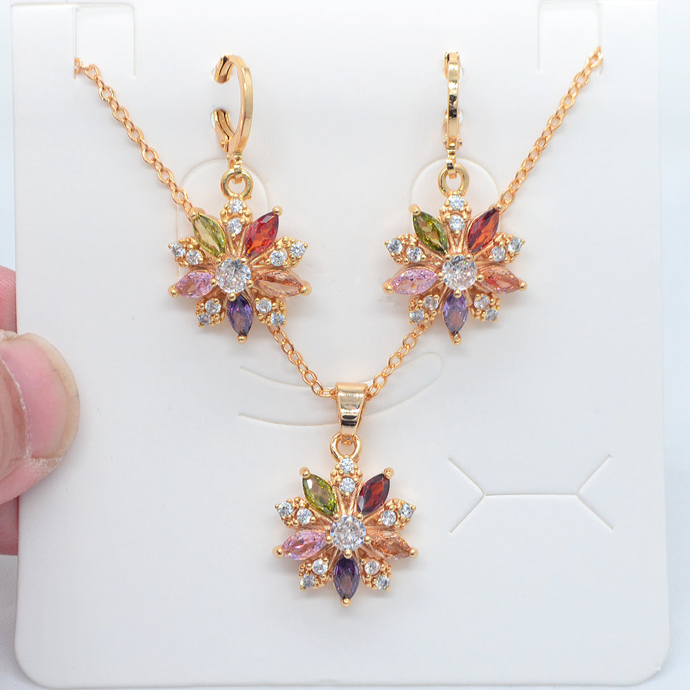 Wholesale Gold Plated Women Fashion Multicolor Zircon CZ Blossom Flower Jewelry Set