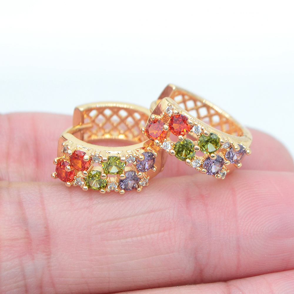 Wholesale Gold Plated Women Multicolor Zircon CZ Dots Design Huggie Earrings Jewelry