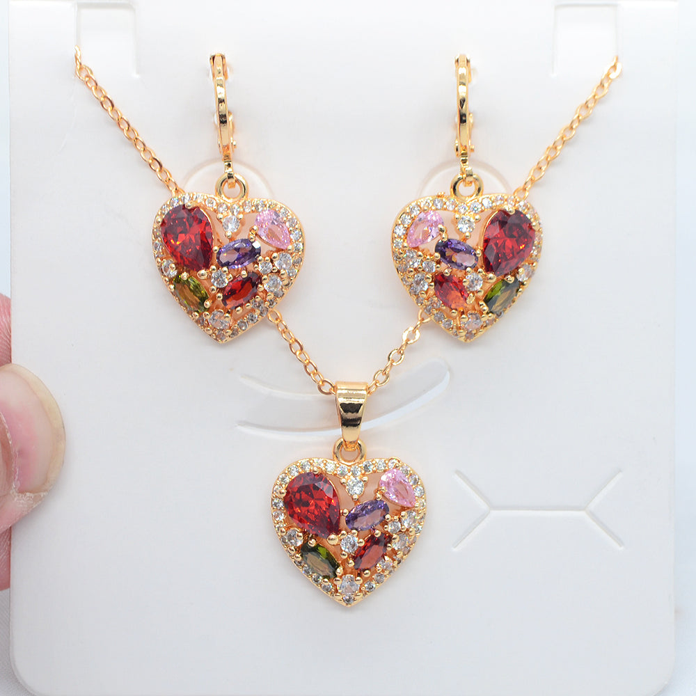Wholesale Gold Plated Women Fashion Multicolor Zircon CZ Love Hearts Jewelry Set