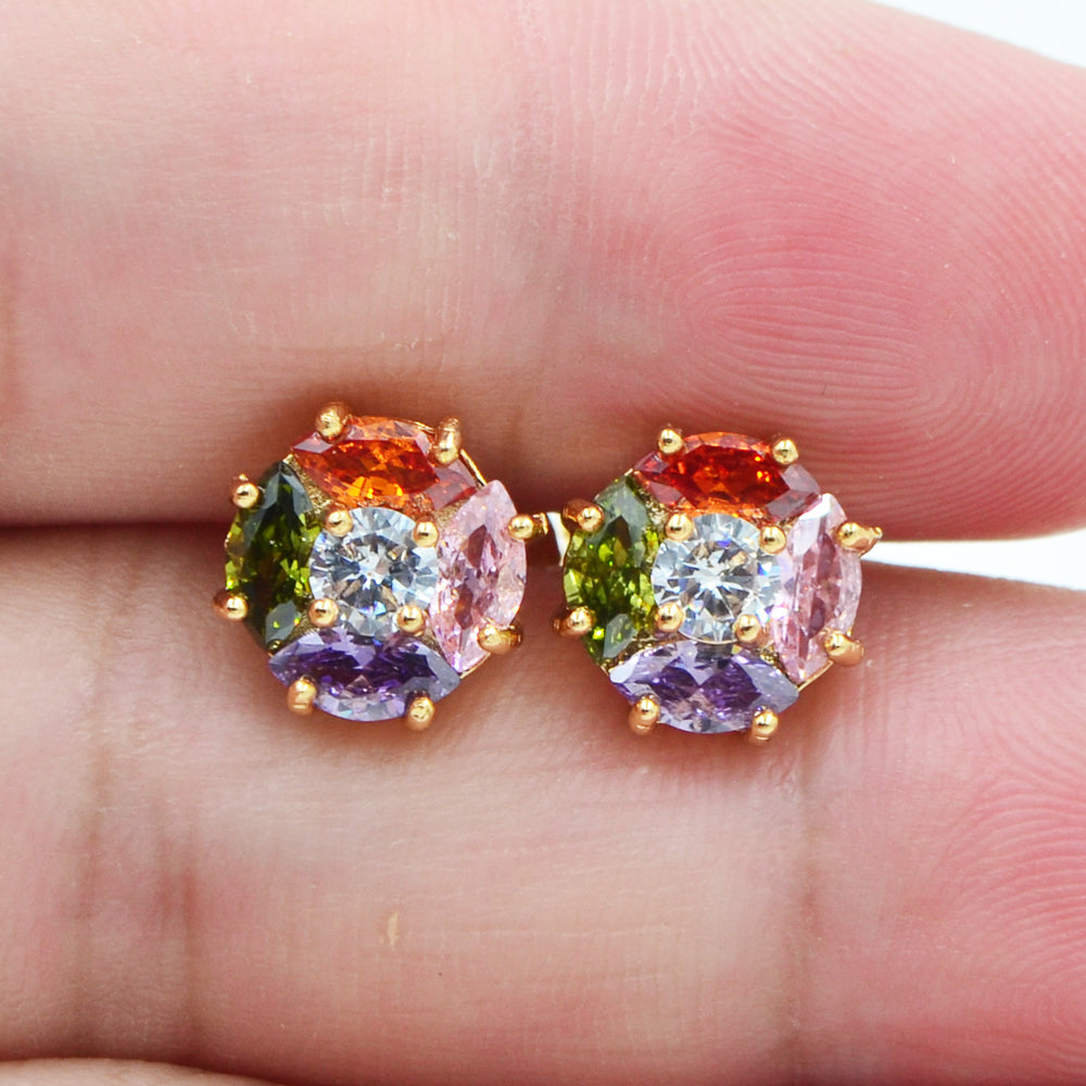 Wholesale Gold Plated Women Multicolor Zircon CZ Round Stud Earrings Jewelry