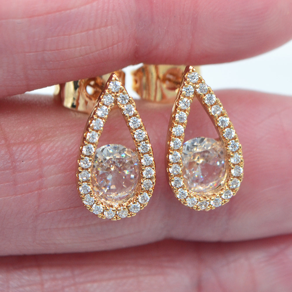 Wholesale Gold Plated Women Fashion Black Zircon CZ Teardrop Stud Earrings Jewelry