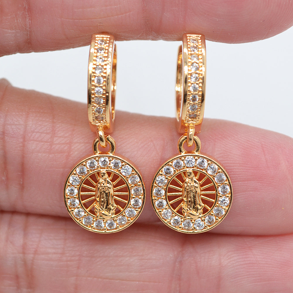 Wholesale Gold Plated Women Clear Zircon CZ Catholic Virgin Mary Round Dangle Huggie Earrings Jewelry