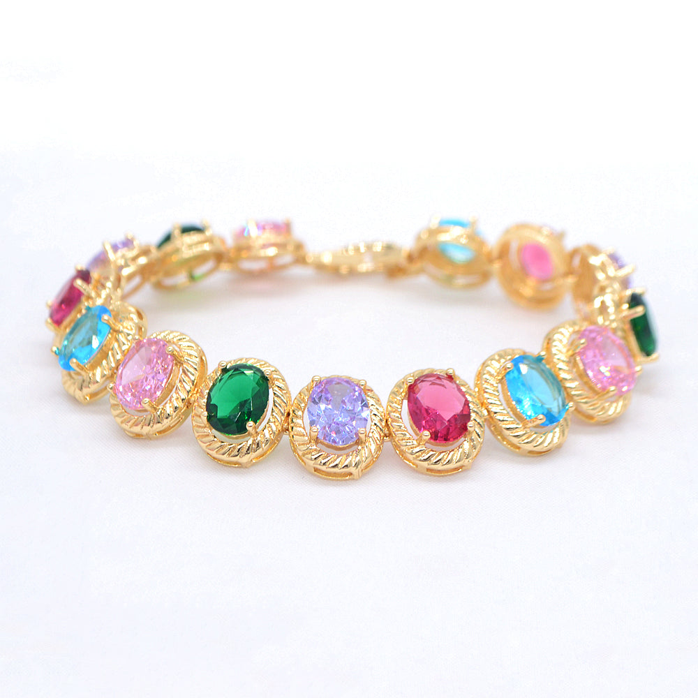 Wholesale Gold Plated Women Luxury Multicolor Zircon CZ Oval Charm Bracelet Jewelry