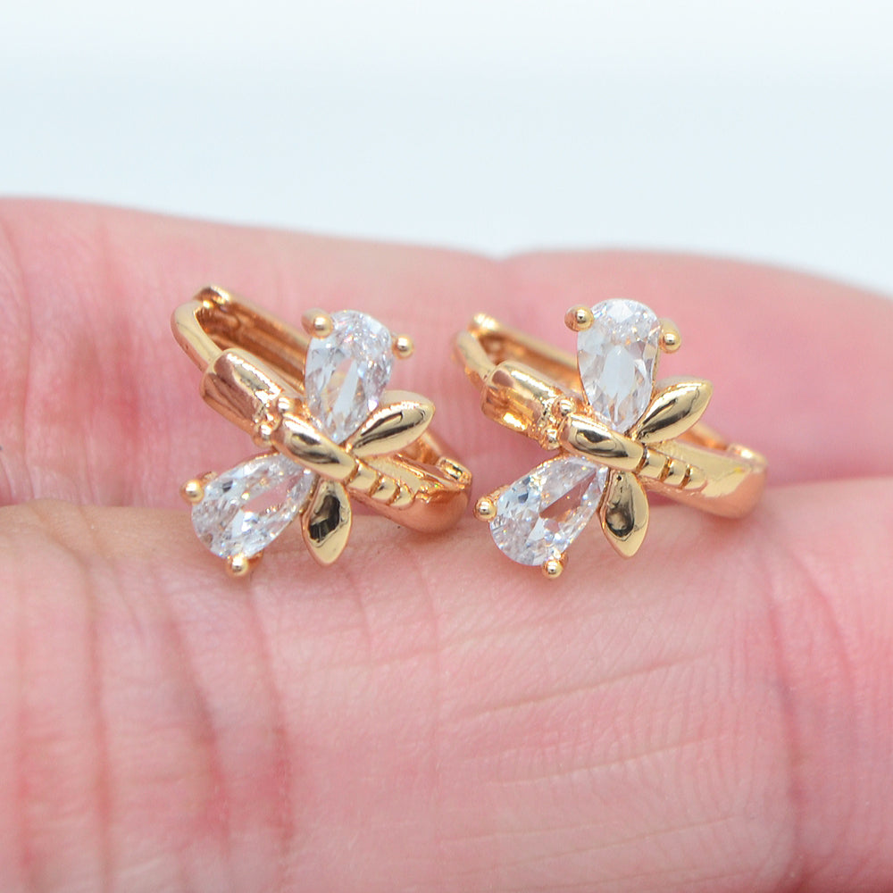 Wholesale Gold Plated Women Multicolor Zircon CZ Dragonfly Huggie Earrings Jewelry
