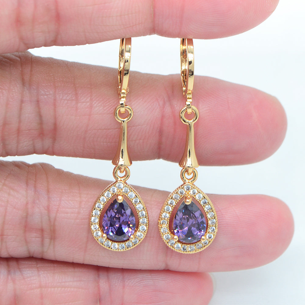 Wholesale Gold Plated Women Green Zircon CZ Teardrop Dangle Earring Jewelry