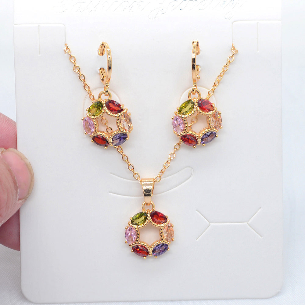 Wholesale Gold Plated Women Multicolor Zircon CZ Round Circle Jewelry Set