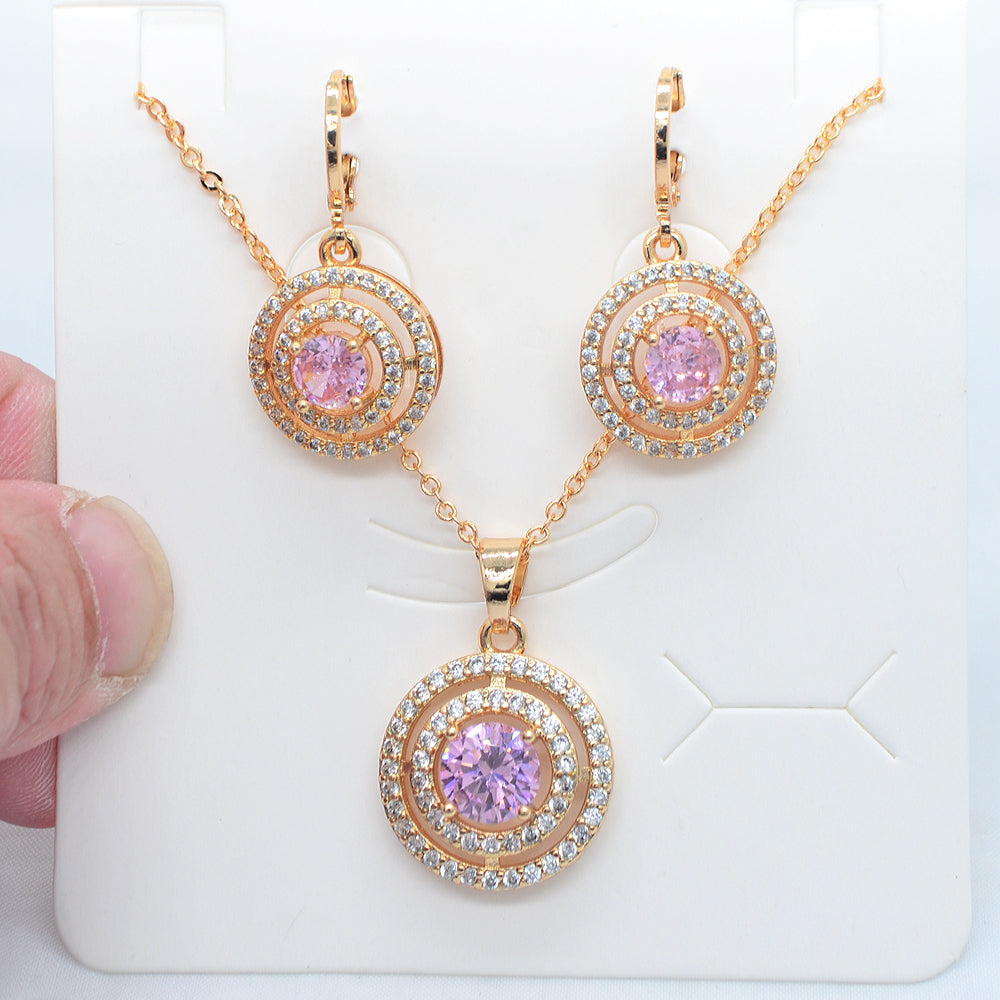 Wholesale Gold Plated Women Fashion Green Zircon CZ Round Circles Jewelry Set