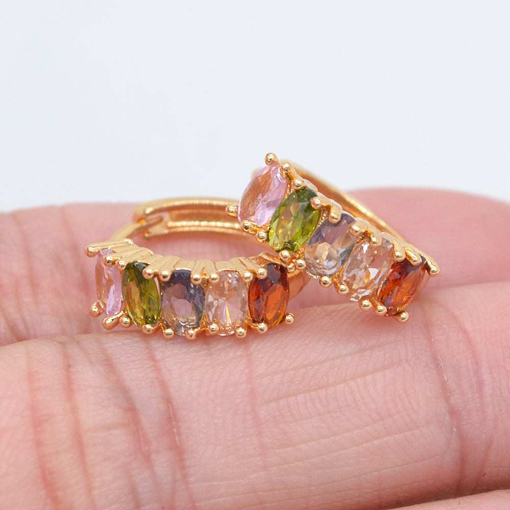 Wholesale Gold Plated Women Multicolor Oval Zircon CZ Hoop Huggie Earrings Jewelry
