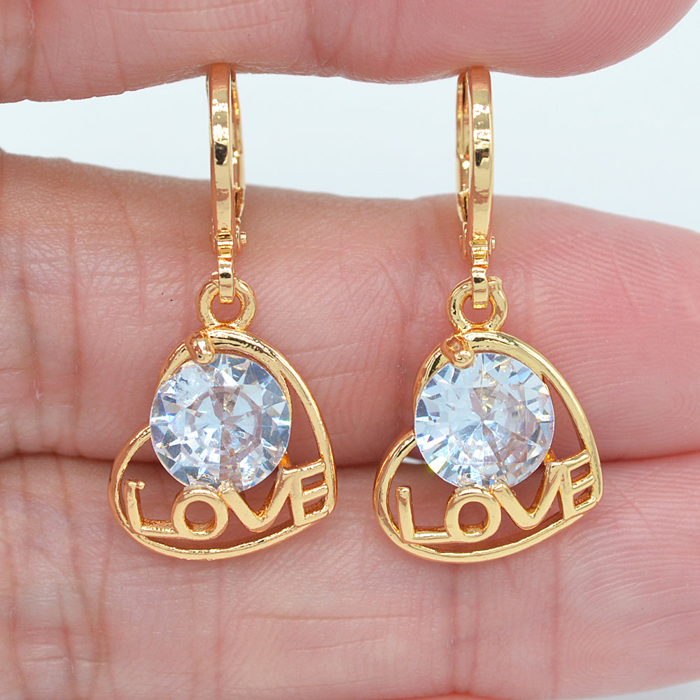 Wholesale Gold Plated Women Clear Zircon CZ Hollow Love Heart Dangle Earrings Jewelry