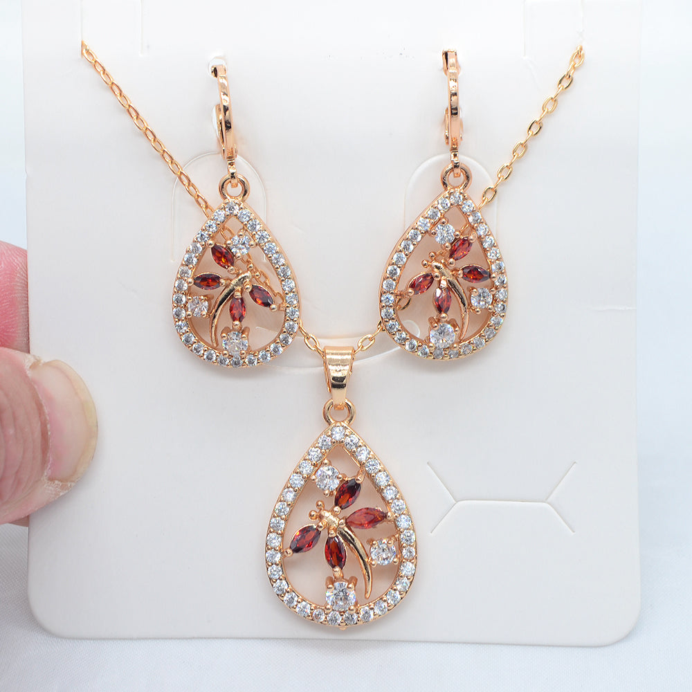 Wholesale Gold Plated Women Clear Zircon CZ Dragonfly Teardrop Jewelry Set