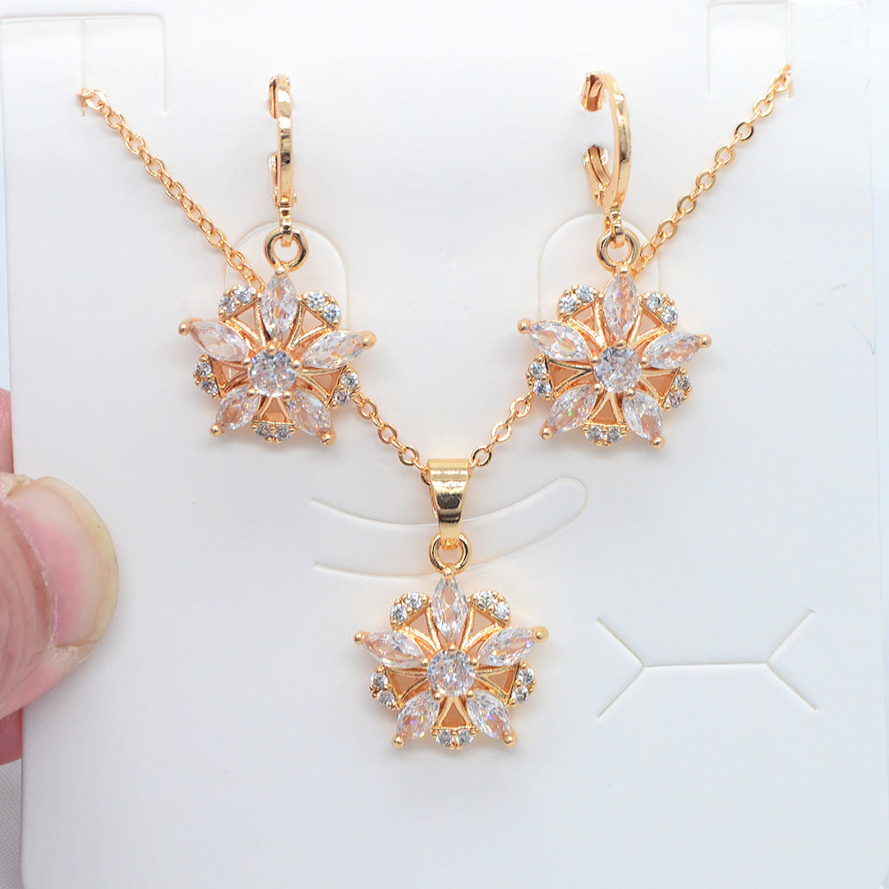 Wholesale Gold Plated Women Multicolor Zircon CZ Flower Engagement Jewelry Set