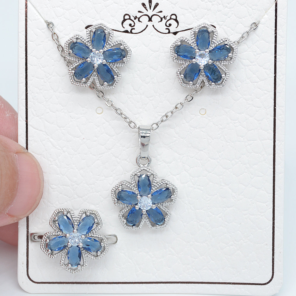 Wholesale Gold Plated Women Green Zircon CZ Flower Jewelry Set Free Ring Size