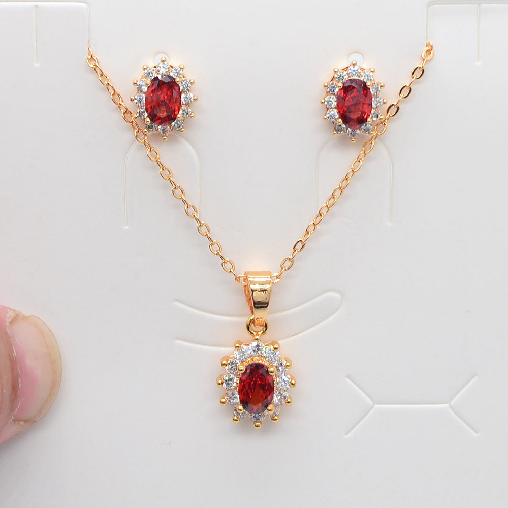 Wholesale Gold Plated Women Red Zircon CZ Oval Wedding Jewelry Set