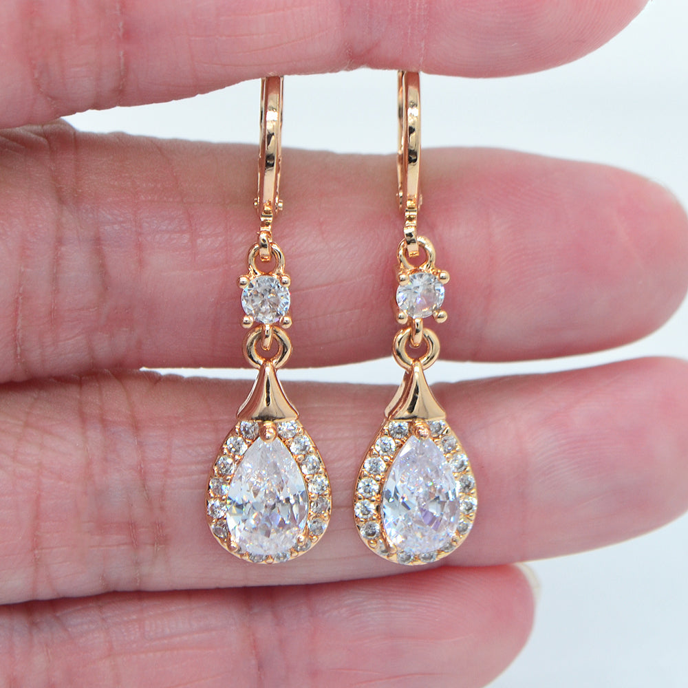 Wholesale Gold Plated Women Purple Zircon CZ Teardrop Dangle Earring Jewelry