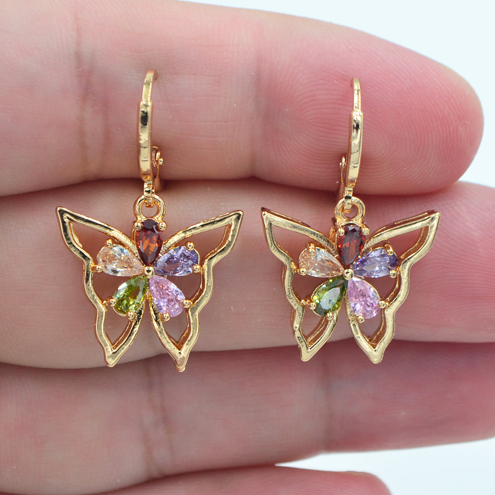 Wholesale Gold Plated Women Multicolor Zircon CZ Butterfly Drop Earrings Jewelry