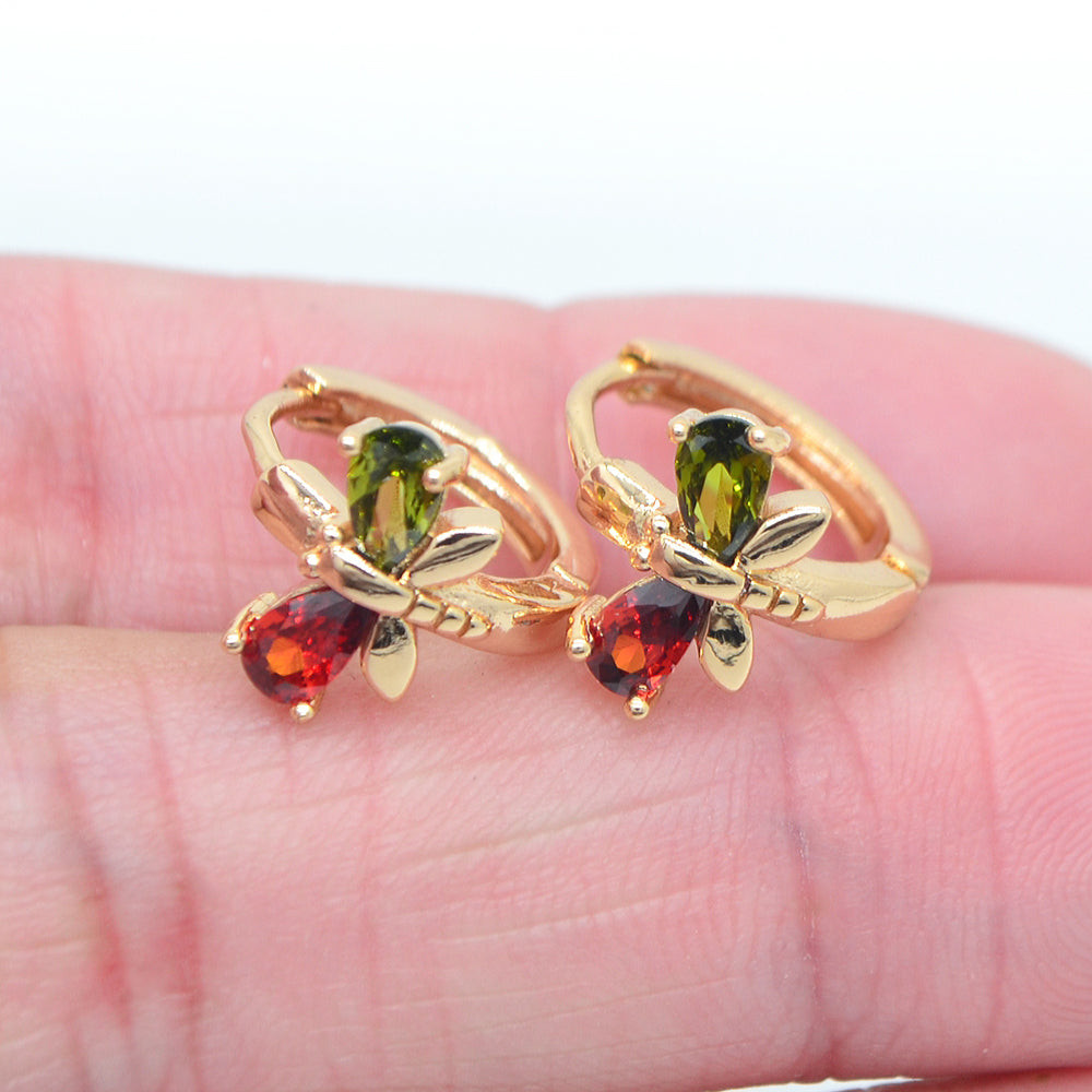 Wholesale Gold Plated Women Multicolor Zircon CZ Dragonfly Huggie Earrings Jewelry