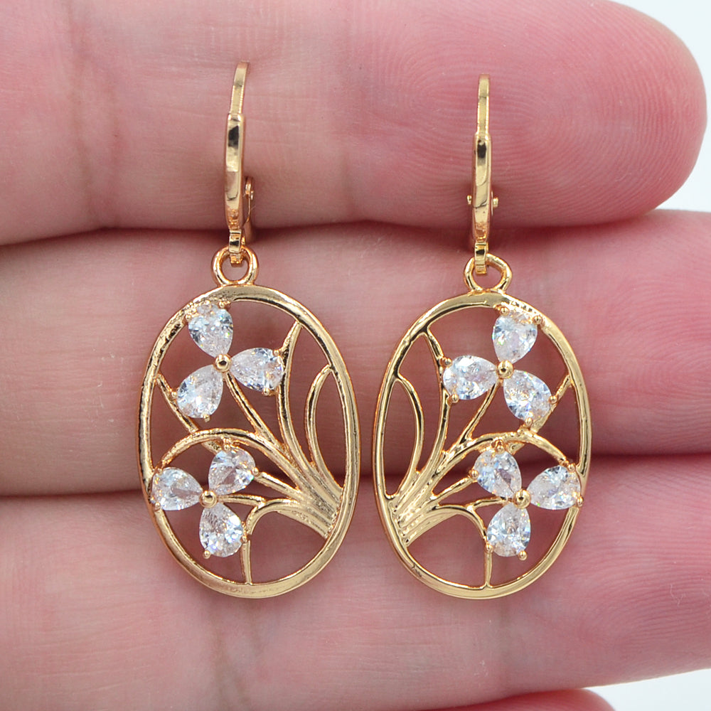Wholesale Gold Plated Women Multicolor Zircon CZ Flower Oval Dangle Earrings Jewelry