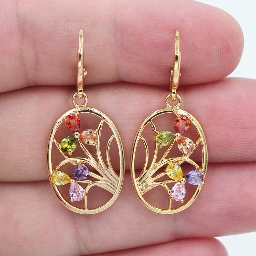 Wholesale Gold Plated Women Multicolor Zircon CZ Flower Oval Dangle Earrings Jewelry