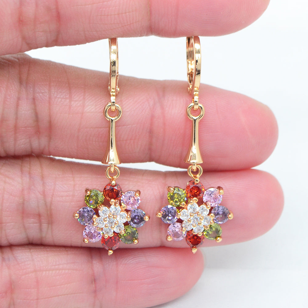 Wholesale Gold Plated Women Multicolor Zircon CZ Flower Charm Dangle Earring Jewelry