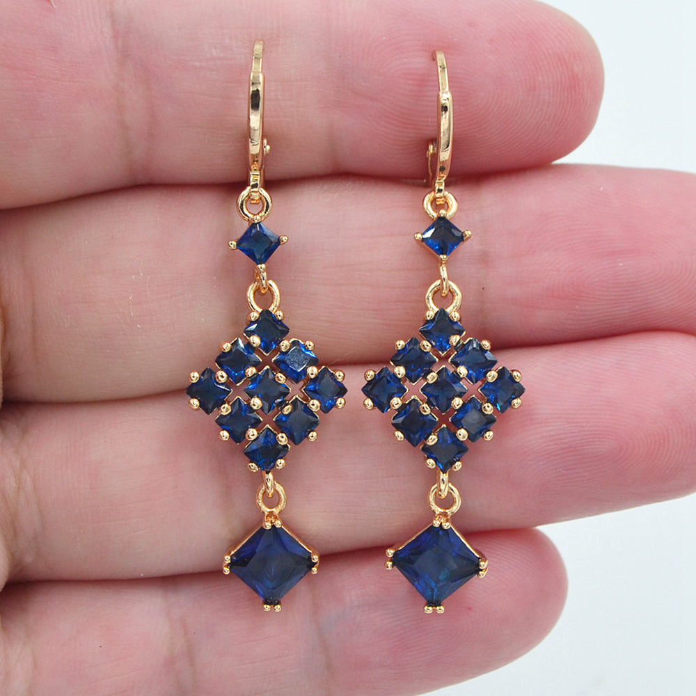 Wholesale Gold Plated Women Blue Zircon CZ Square Blocks Dangle Earrings Jewelry
