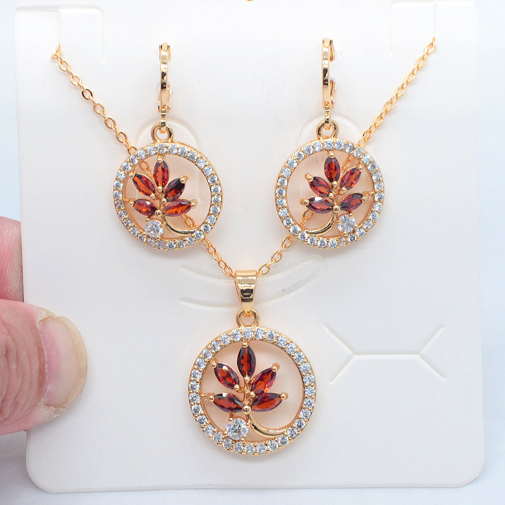 Wholesale Gold Plated Women Fashion Red Zircon CZ Round Flower Wedding Jewelry Set