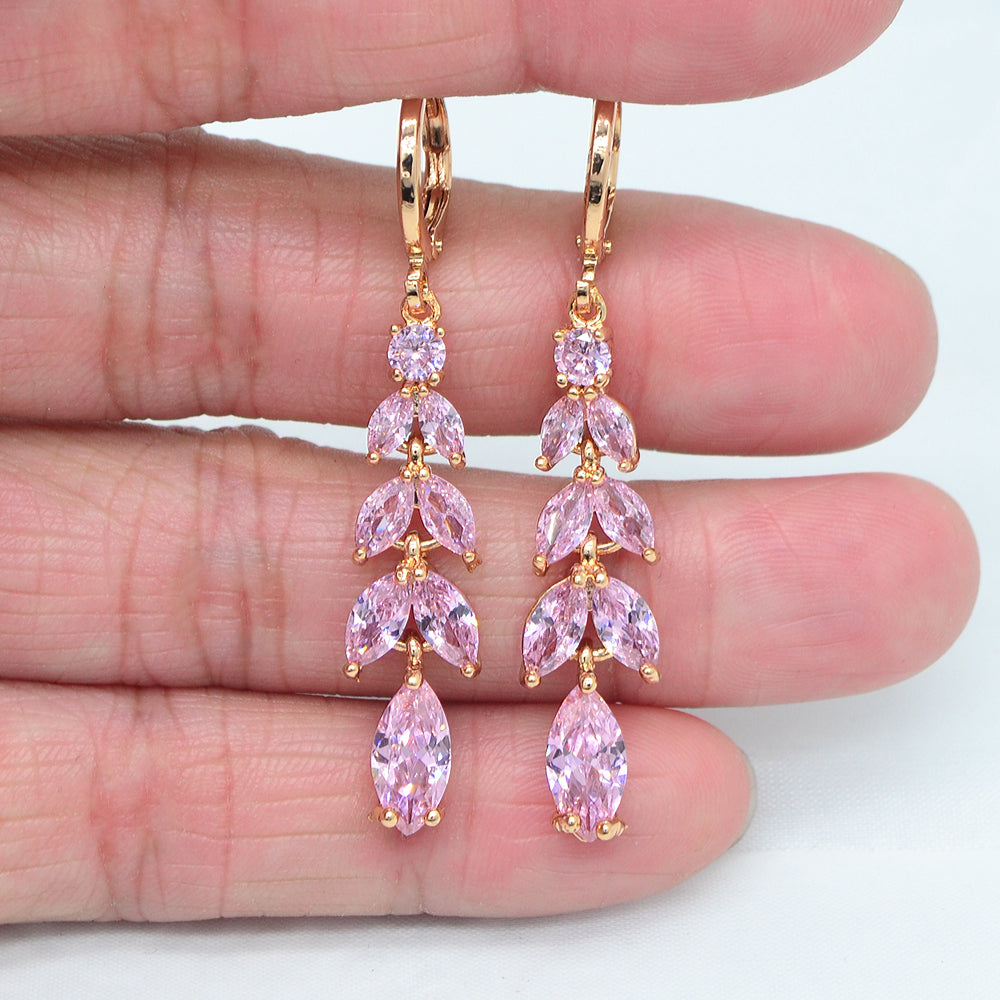 Wholesale Gold Plated Women Luxury Pink Zircon CZ Leaf Dangle Earrings Jewelry