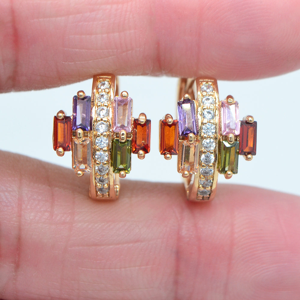 Wholesale Gold Plated Women Multicolor Zircon CZ Baguette Huggie Earrings Jewelry
