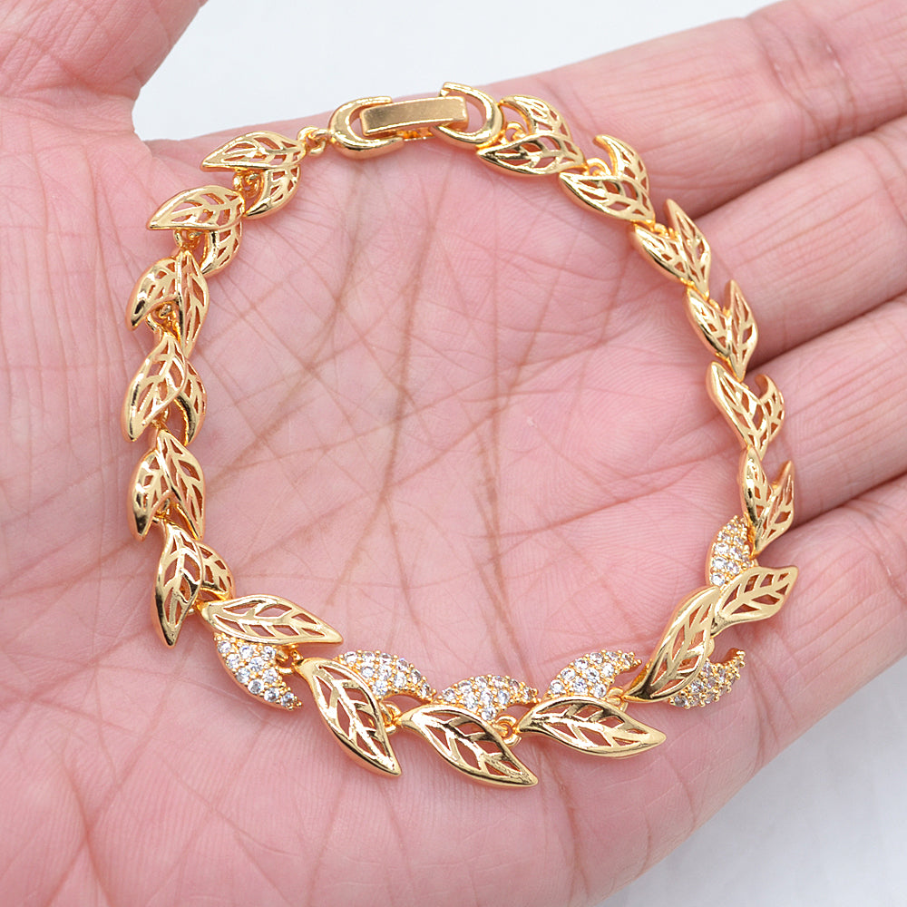 Wholesale Gold Plated Women Clear Zircon CZ Fashion Leaf Leaves Bracelet Jewelry