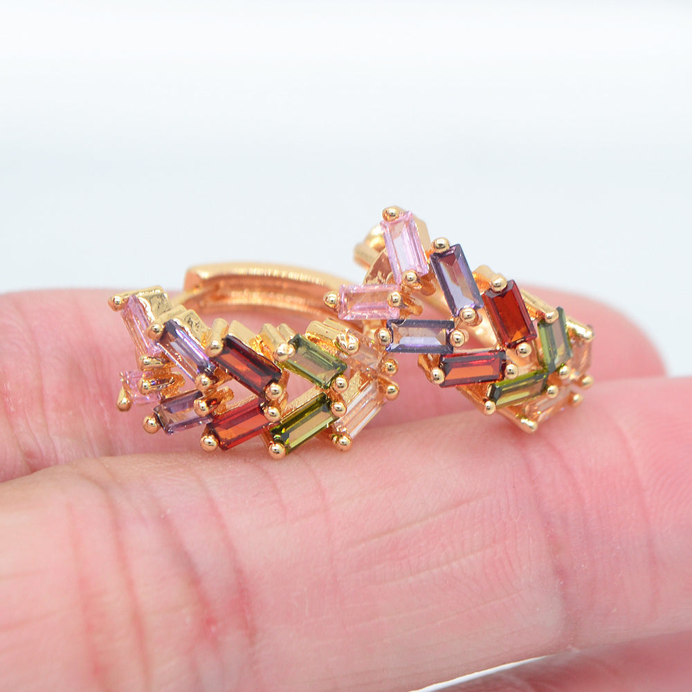 Wholesale Gold Plated Women Multicolor Zircon CZ Baguette Fence Huggie Earrings Jewelry