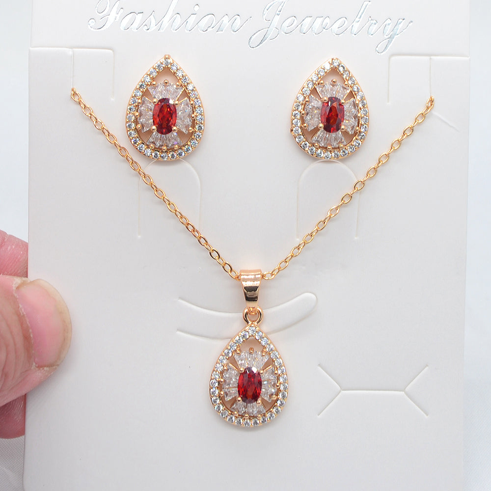 Wholesale Gold Plated Women Red Zircon CZ Teardrop Wedding Jewelry Set