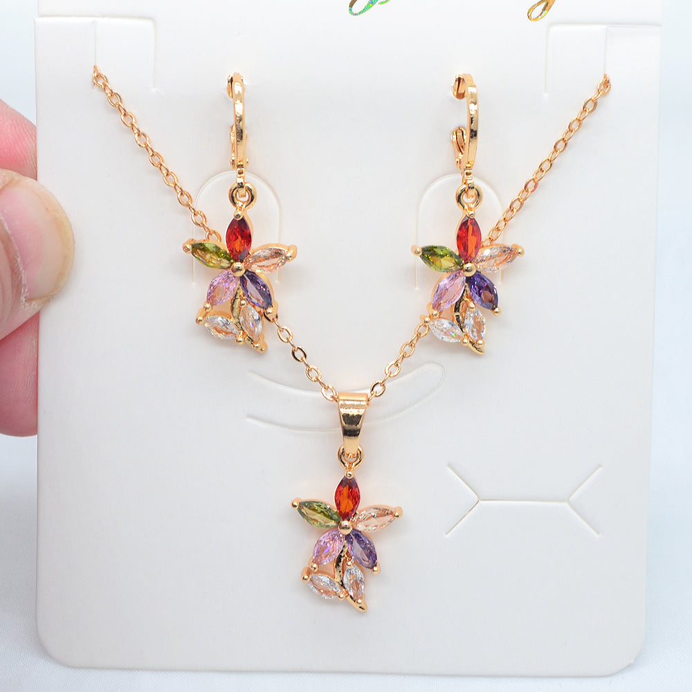 Wholesale Gold Plated Women Fashion Multicolor Zircon CZ Flower Wedding Jewelry Set