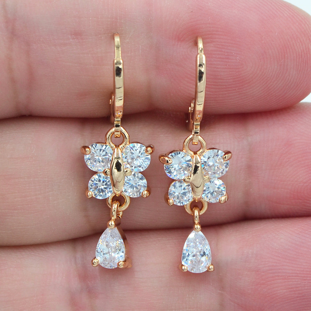 Wholesale Gold Plated Women Clear Zircon CZ Butterfly Drop Earrings Jewelry