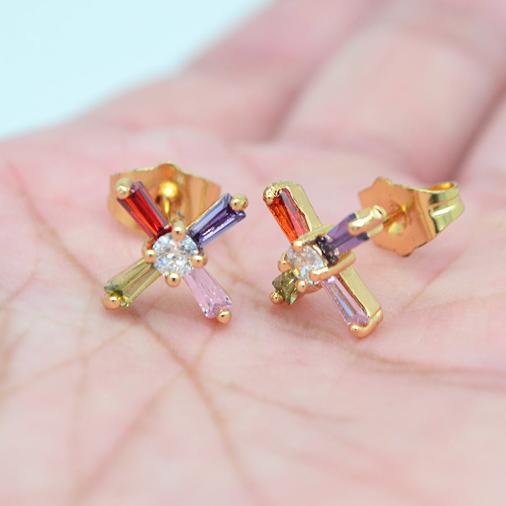 Wholesale Gold Plated Women Multicolor Zircon CZ Cross Stud Earrings Jewelry