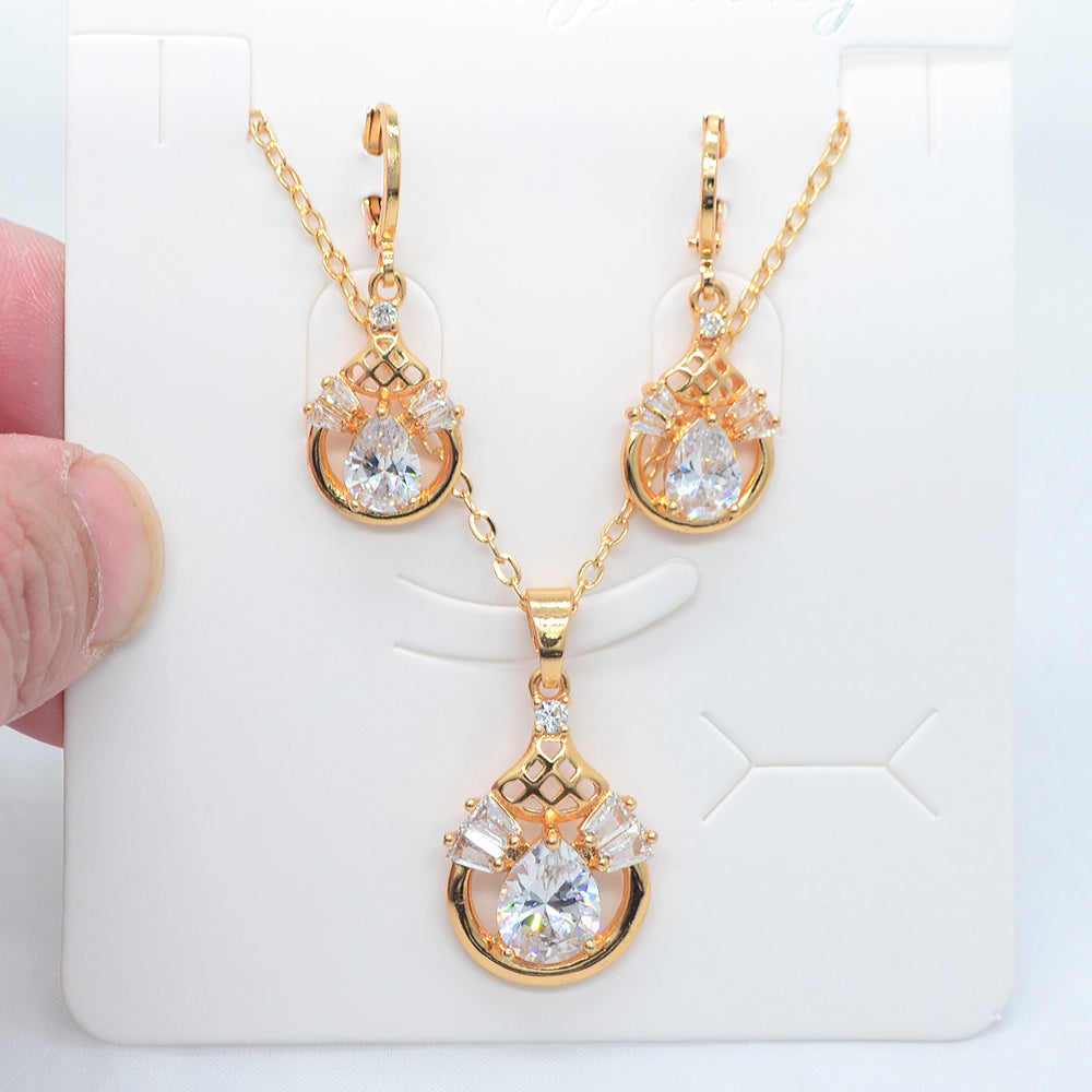 Wholesale Gold Plated Women Green Zircon CZ Water Drop Jewelry Set