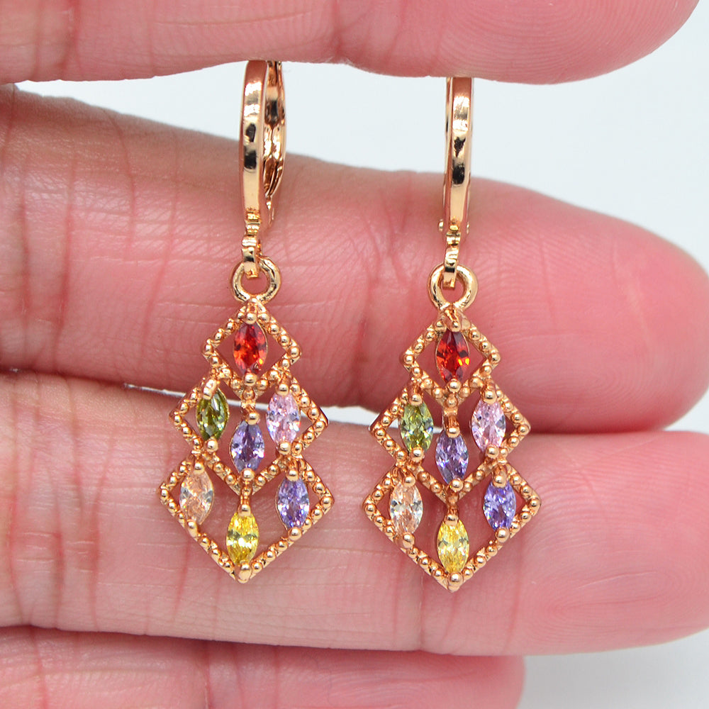 Wholesale Gold Plated Women Green Cubic Zirconia CZ Lozenge Dangle Earrings Jewelry